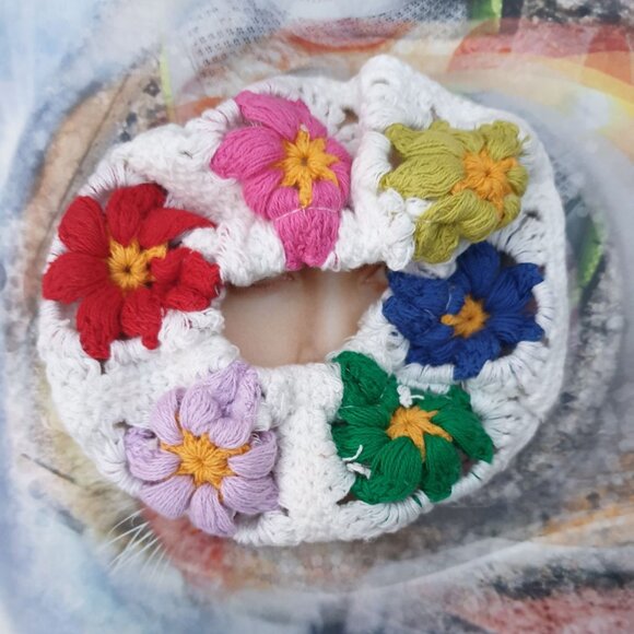 Flowers Multi Colors Crochet Long Hair Scrunchie Elastic Tie Accessory Gift - Picture 1 of 2